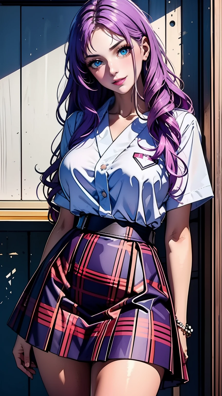 (absurd quality, best quality, absurd, ultra-detailed), A beautiful 19-year-old girl, with long wavy purple hair, blue eyes, huge breasts and a beautiful smile, a little shy, wearing a Japanese schoolgirl uniform with a plaid miniskirt