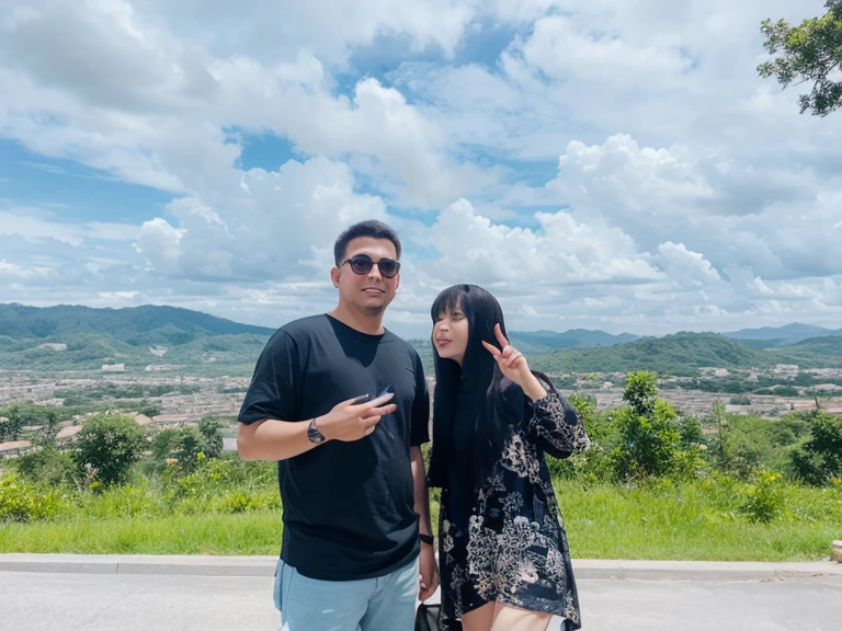 araffes take a selfie of a romantic Indonesian couple in front of the petrona towers wearing cool coats and boots ootd selebgram, with towers, twin towers, kuala lumpur, with photos of their long vacation, views, with sunglasses, real!!!, tourist destinations, skyscrapers sky in the background, selfie photo, taken while go pro hero8, instagram picture, lovely couple