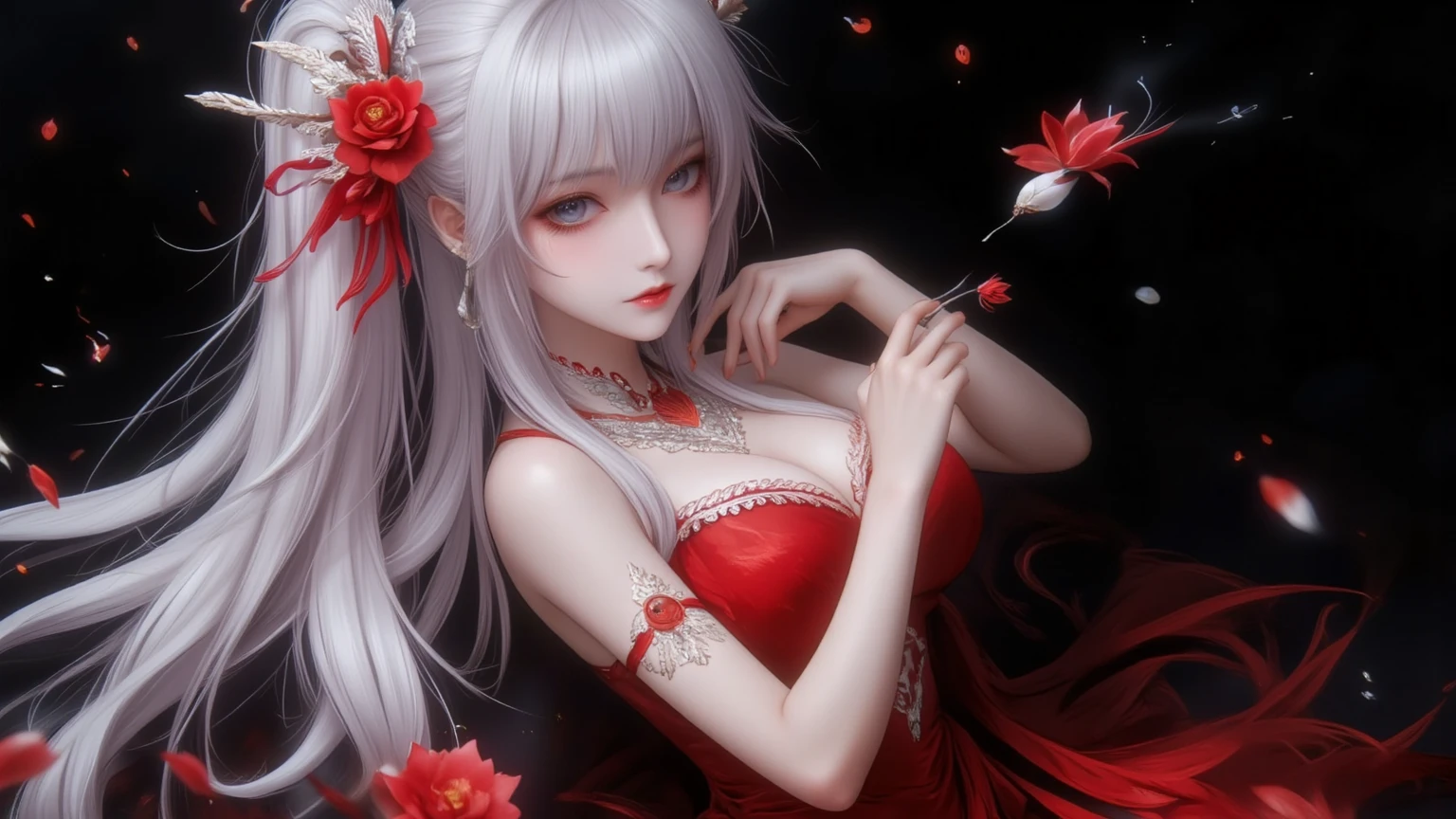 Ning Guang (Genshin), 1 girl, long hair, breasts, looking at viewer, blushing, bangs, large breasts, hair accessory, red eyes, dress, hugging, bare shoulders, closed mouth, white hair, heart, solo focus, looking back, facing away, sitting, sitting on glass chair, on glass panel, visible female genitalia, visible vagina, visible pussy, visible vagina, Chinese dress, tassels, cheongsam