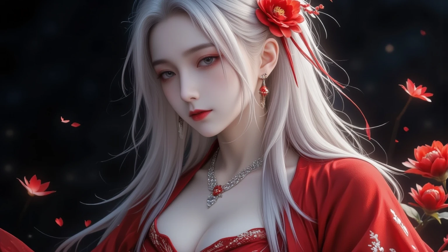 vibrant colors, female, masterpiece, sharp focus, best quality, depth of field, cinematic lighting, white hair, red eyes, braid, dress, long hair, red eyes, tattoo, earrings, jewelry, black dress, hair ornament, bangs, chinese clothes, breasts, china dress, sleeveless,