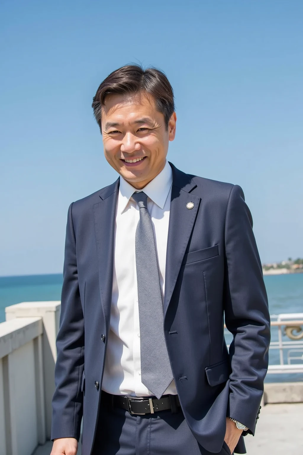 best quality, ultra high res, (photorealistic:1.4),(Grey suit:1.2),masterpiece, blurry background,1boy,standing at (beach), (looking at viewer), <lora:jinyong:0.8>