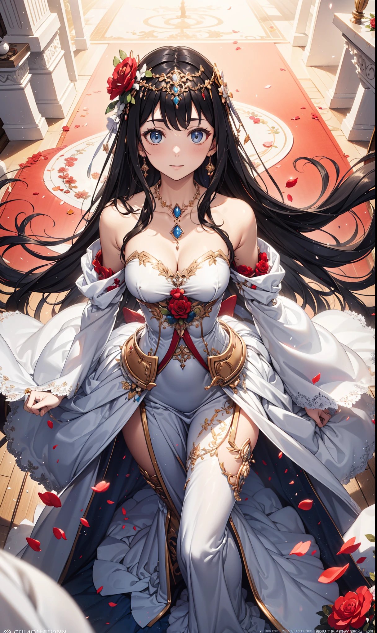 アニメ , an 18 year old princess, pretty, {gold tiara with sapphire and ruby stones}, {face perfect}, {Bblack hair}, {blue colored eyes}, {asymmetrical eyes}, {perfect nose}, {red lips}, {full body 5.0}, {silver red armor, detailed}, {in a castle} 

{8k image}, {128k ultra resolution}, {ultra quality 128k}, {128k high quality sharpness}
