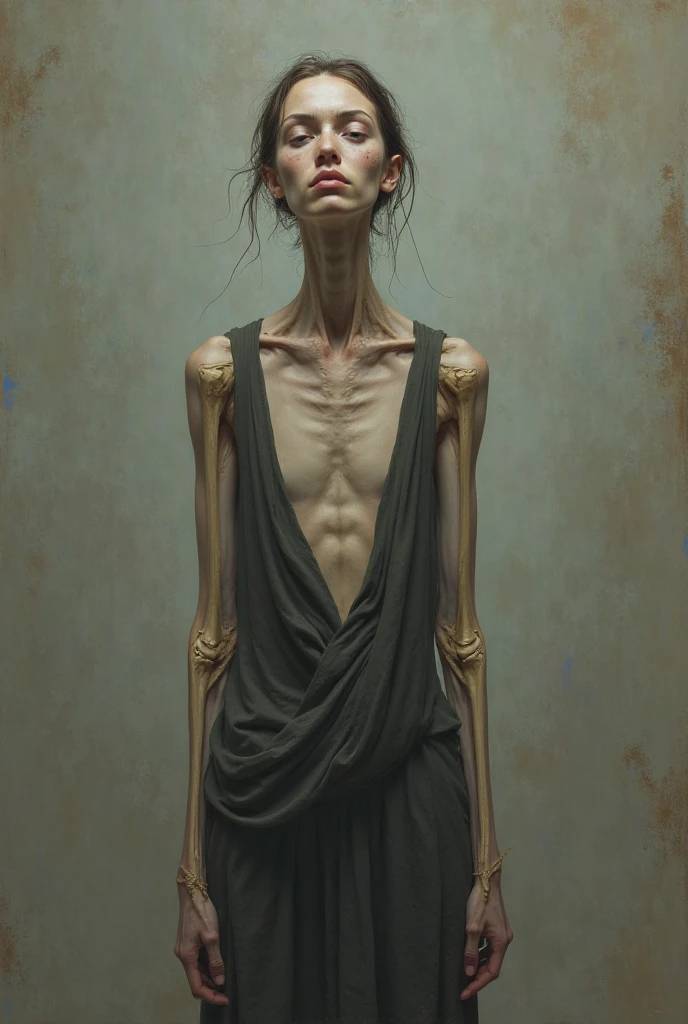 Thin, pale man with long, curly, black hair, completely naked