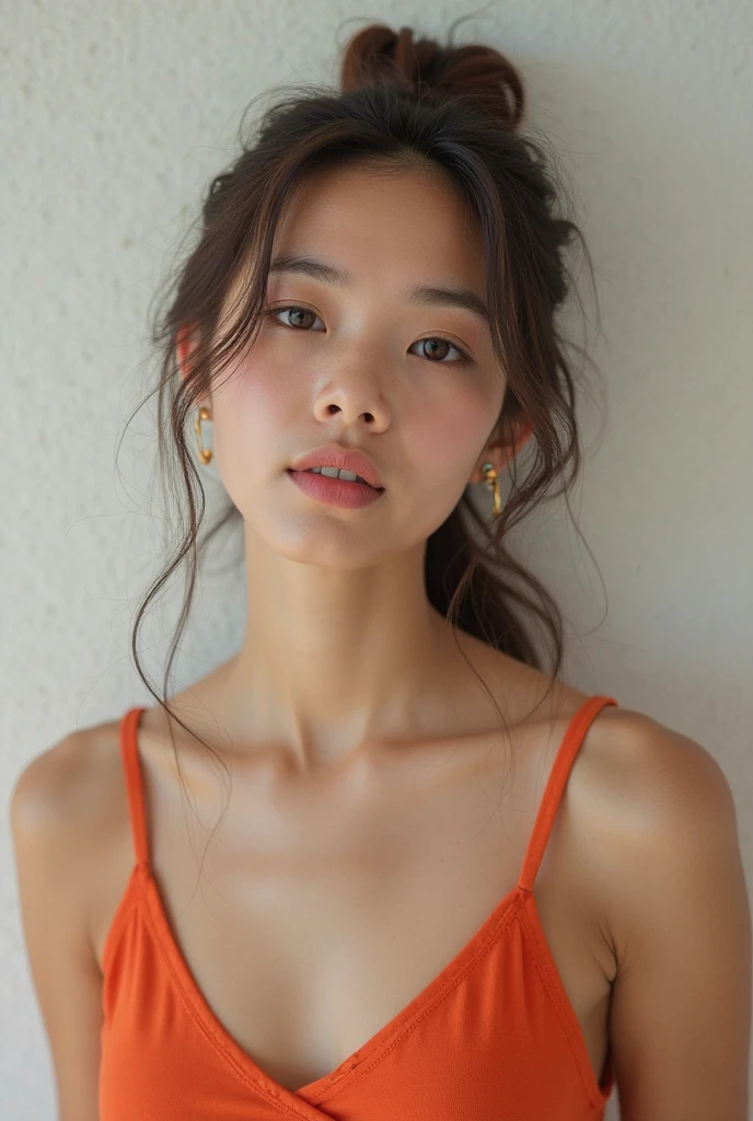 25 years old, girl, korean / asian, hyperrealistic photo, realistic skin texture, light freckles on nose, brown hair that is shoulder long, portrait, small nose, green eyes, Meisterwerk, highest quality, facing the kamera straight, lipgloss