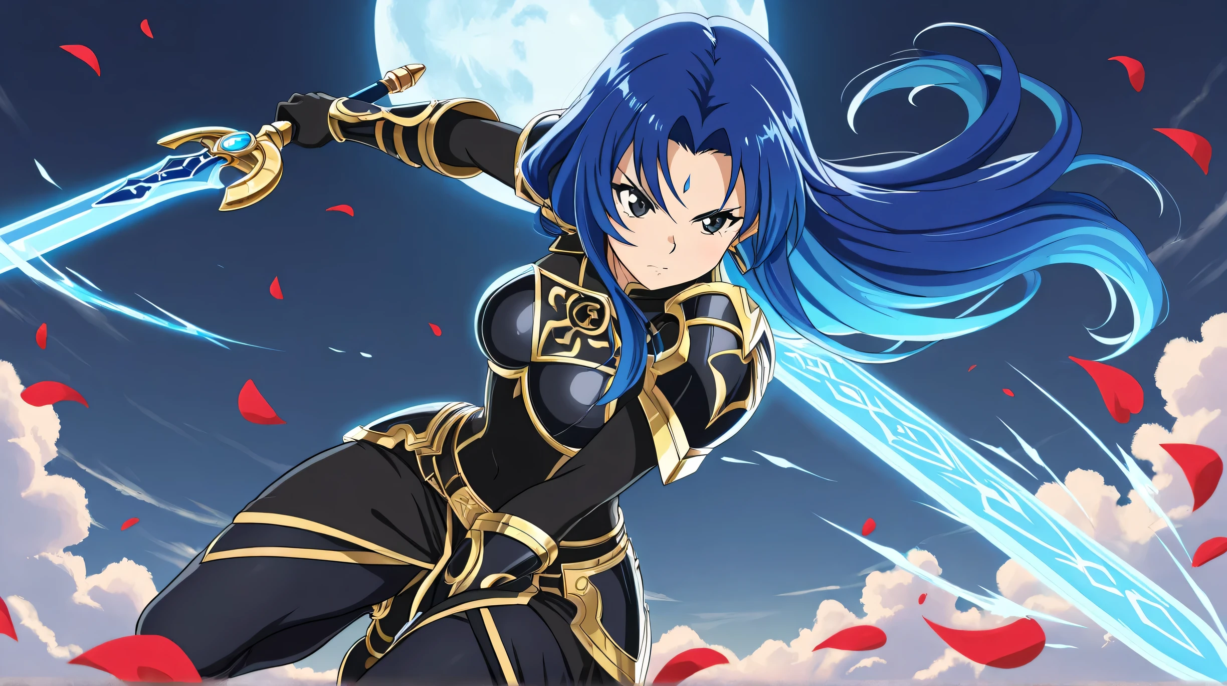 Masterpiece, Best Quality, Top Quality, Very Detailed, 1 girl, A fierce female warrior with long, flowing blue hair and piercing black eyes, wielding a glowing ice-blue sword under the full moon. She wears an intricate black and blue battle outfit adorned with metallic armor details and elegant golden accents. The scene is dynamic, with shards of ice floating in the air, red petals swirling around, and a dark night sky filled with scattered clouds. She is in a powerful stance, ready for battle, with determination in her eyes. The art style is high-quality anime with fantasy elements, featuring dramatic lighting, glowing effects, and a strong sense of movement.