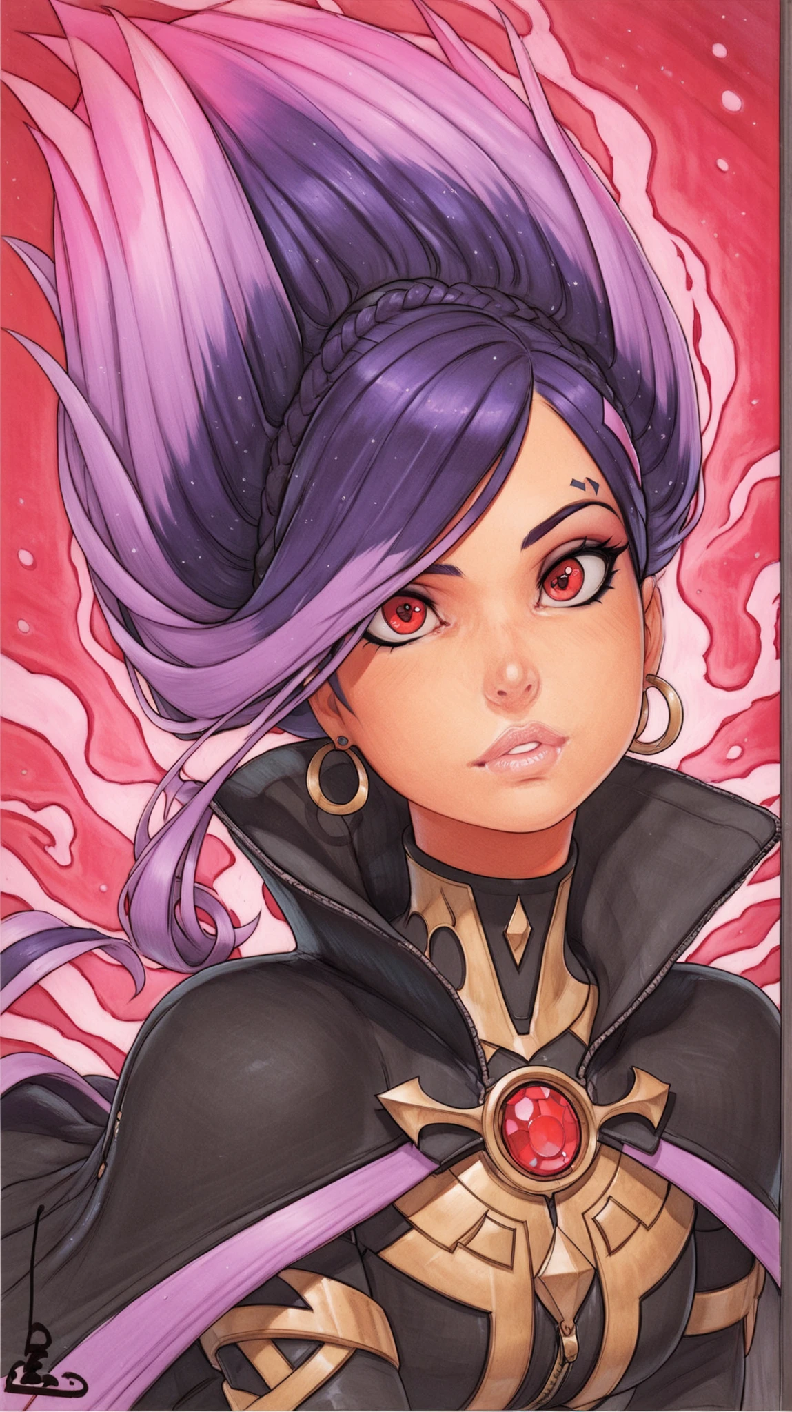 masterpiece, best quality, amazing quality, newest, very aesthetic, 1girl,Image is a digital illustration in an anime style, featuring a female character with a confident stance. She has purple hair styled in a sharp, angular cut, and her skin is a light tone. Her eyes are large and expressive, with a red gemstone on her forehead. She wears a dark, form-fitting outfit with a high collar and a flowing cape, accented by red and gold circular emblems. Her hands are surrounded by glowing purple energy, suggesting a display of power or magic. The background is black, enhancing the vibrant colors of the character.