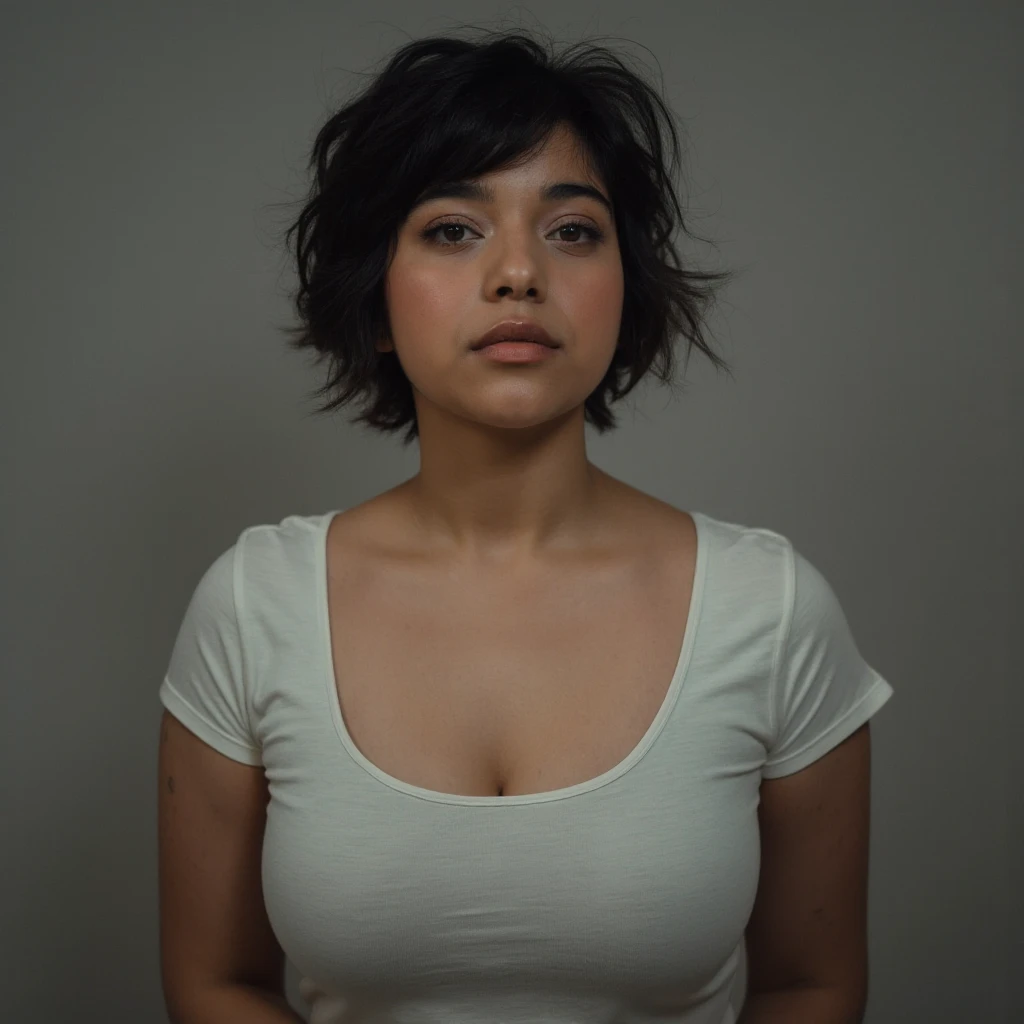 Chica gordita con cabello rizado y corte de cabello pixie 