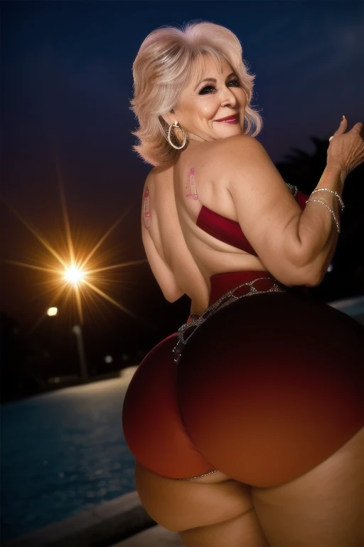 Beautiful 65 year old grandmother, mulher idosa de cabelos brancos, with her back to the camera showing a huge ass, cintura muito fina, quadril largo, beautiful grandmother, linda velha, night and urban scenery with bokeh and flares on camera