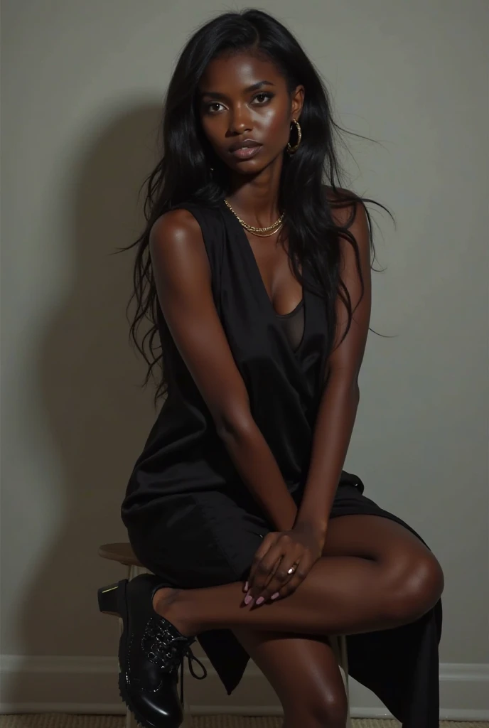 woman, middle east features, dark skin, arms crossed, feminine small hands, real color photograph, living room, close