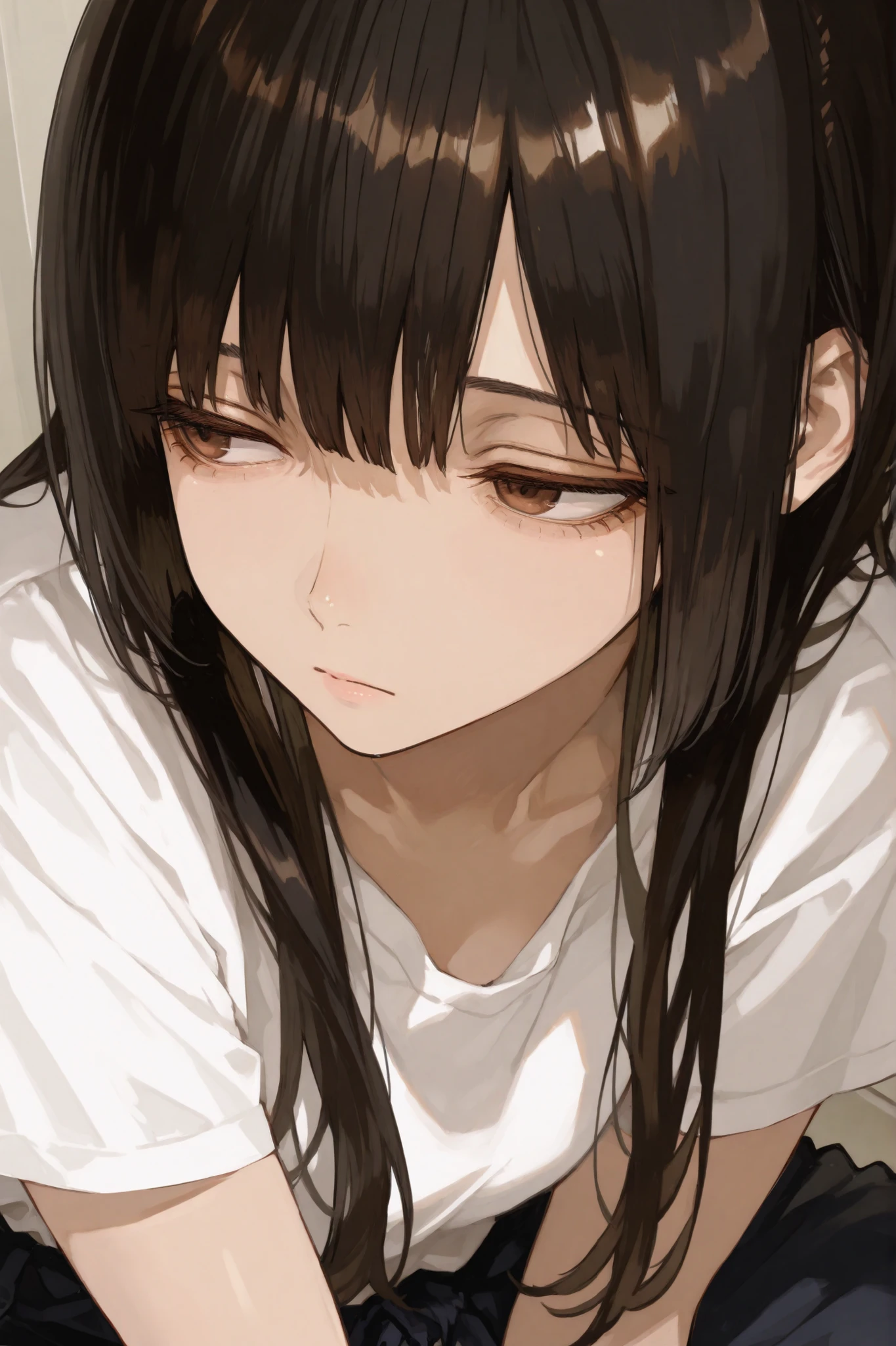 1 female, ((long black hair)), ((brown eyes)),  ((downturned eyes)), 20's, Soft body, hush cut, white shirt, Loose fit, beautiful