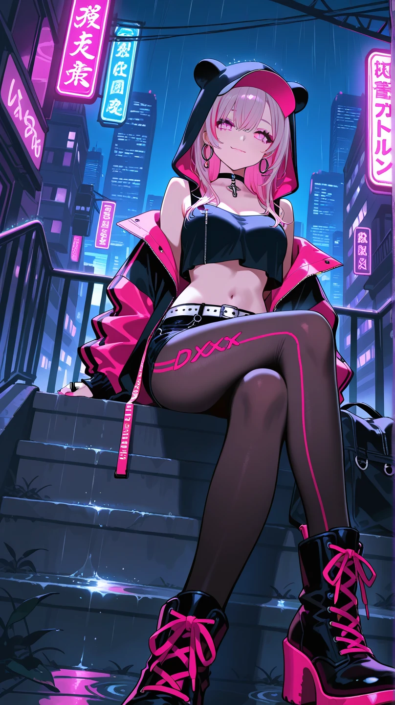 Cool women、sexy、Center of chest、Rize from Chainsaw Man、beauty、Yandere、、Face close-up、Chest tattoo、Christian Dior Necklace、(Swimwear)、((Pink Hair)).((Full Body)).(Goth)、
