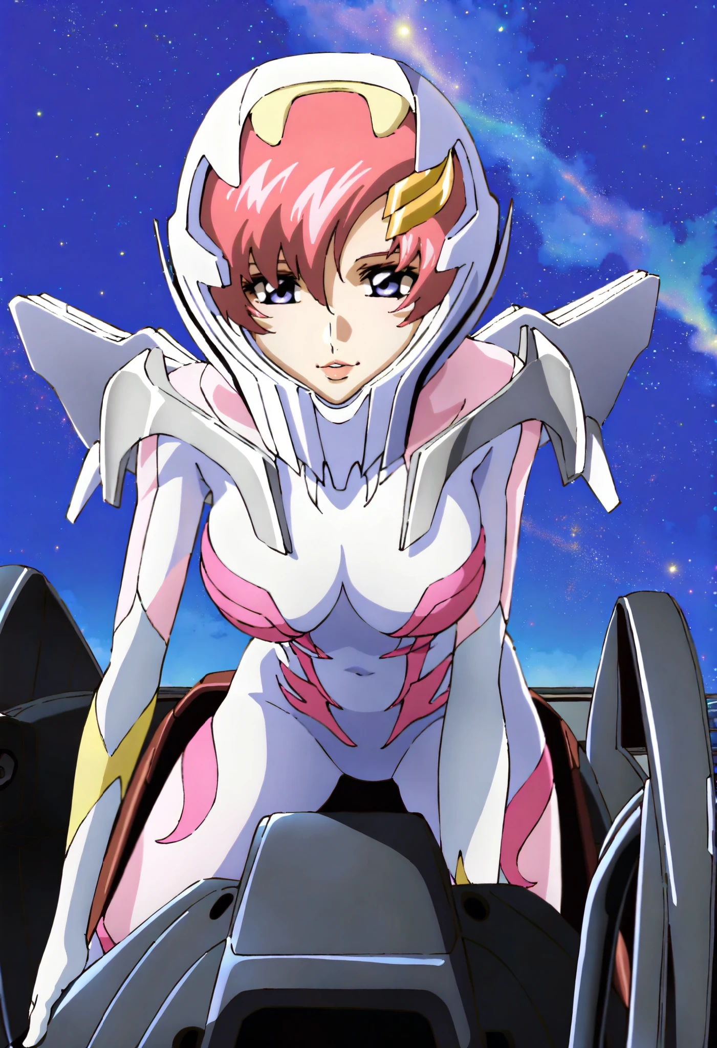 masterpiece,best quality,lacus_c, 1girl, anime coloring, solo, short hair, pink hair, hair ornament,lacus helmet, hair between eyes, purple eyes, lipstick, lacus pilot suit, pink white bodysuit,pilot gloves, shoulder armor, , light smile, parted lips, riding, leaning forward,cockpit,window, space, starry sky,    