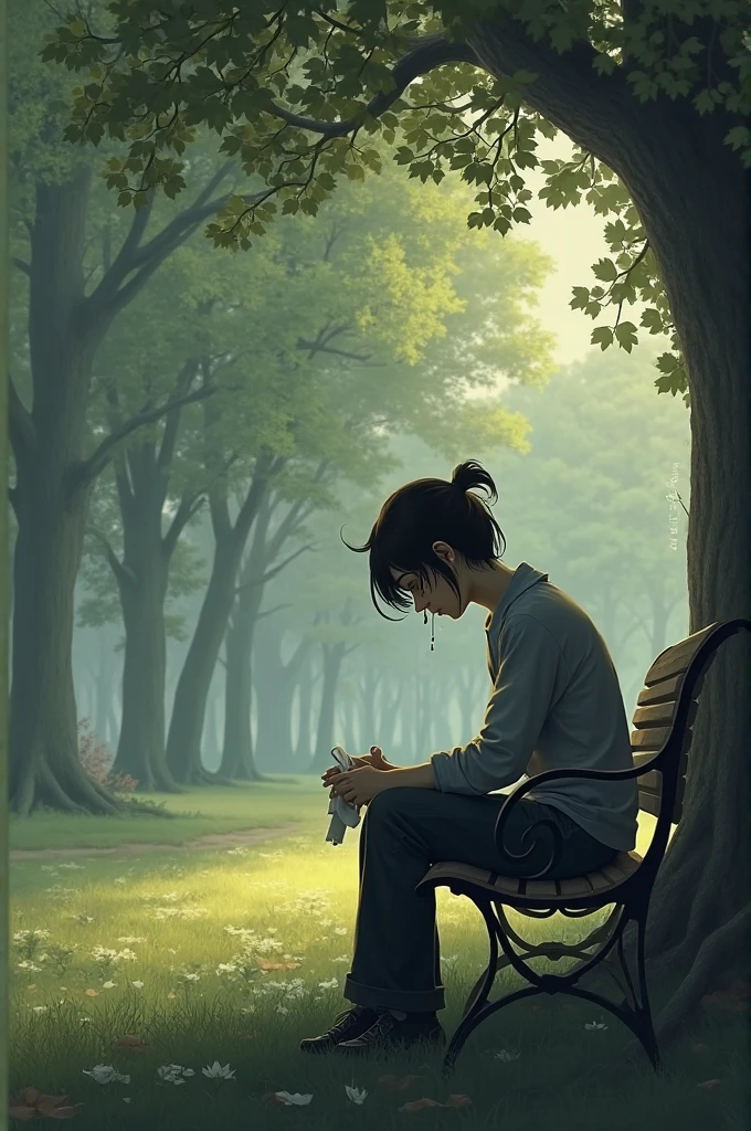 A beautiful girl cries alone, her head bowed, covering her face on a bench in the park.