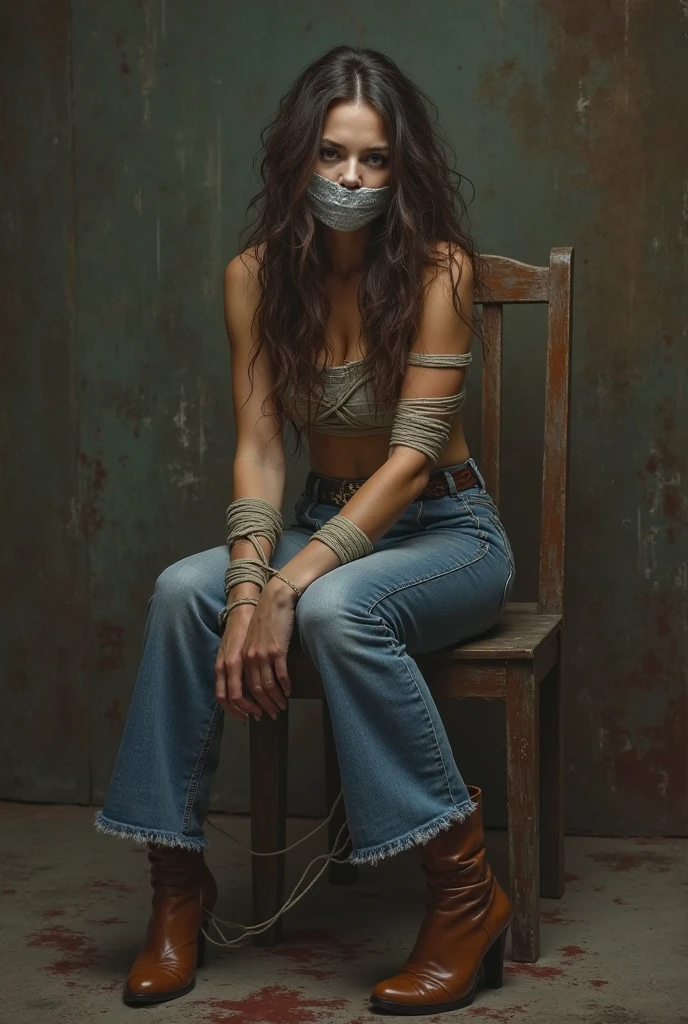 (best qualityer, high resolution, ultra detali), Gal Gadot tightly bound and gagged to a chair, tape gag, tape on mouth, captured by slave traders, inside a dimly lit warehouse, waiting for her turn to be sold into slavery, Intense fear in your eyes, fighting to break free, your hands tied behind your back, the slightly inclined chair, casting eerie shadows on the cold concrete floor, rusty chains and handcuffs hanging on the walls, narrow beams of sunlight streaming through the small windows, Revealing dust particles floating in the air, a feeling of desperation and vulnerability, the sound of distant footsteps echoing, a dark and sinister atmosphere, highlighting the harsh reality of human trafficking, highlighting the cruel fate that awaits Gal Gadot.