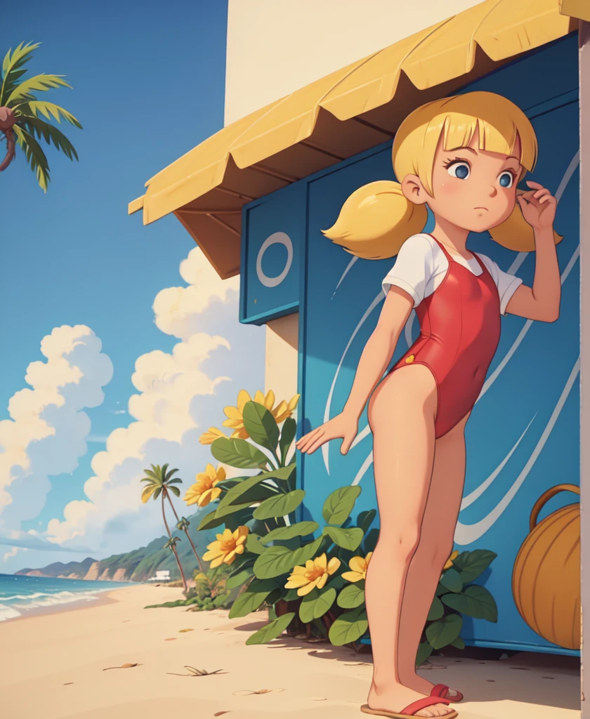 solo, 1girl, penny, blonde hair, twintails, blunt bangs, solo, beach, ocean, sky, sunny, (swimsuit), smile, masterpiece, best quality, bottomless, innie pussy, pussy juice, pubic hair