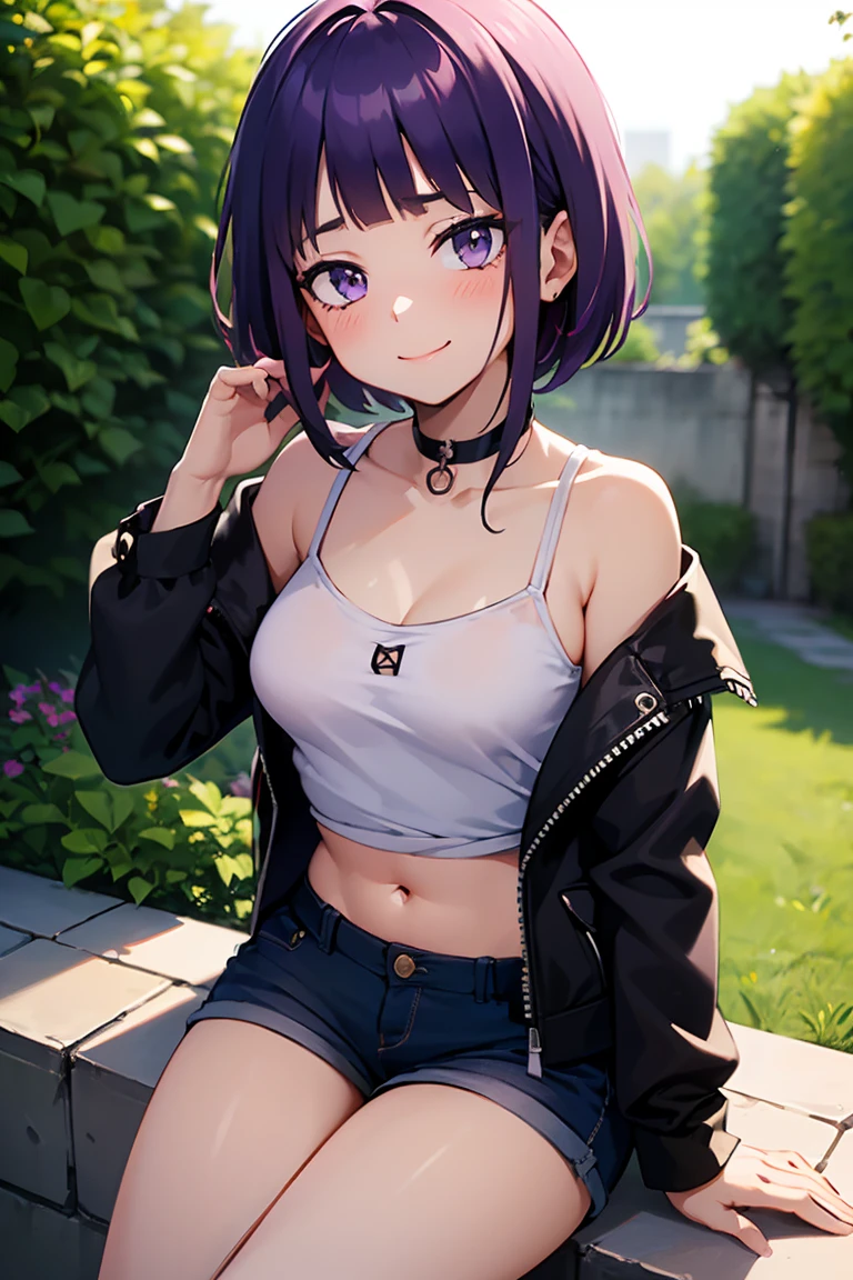 masterpiece, best quality, solo, (little girl), purple hair, curly hair, cowboy shot,
smile, open mouth, one eye closed,, sitting, t-shirt lift, (flat chest), nipples, Navel, miniskirt, playground,