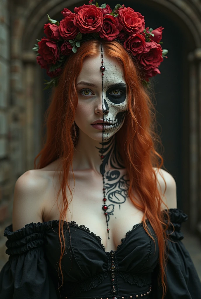 ((masterpiece, best quality;1.3)), ultra detailed,1girl, solo, realistic, tattoo skull, green eyes, red hair, insane make up, earring cross,