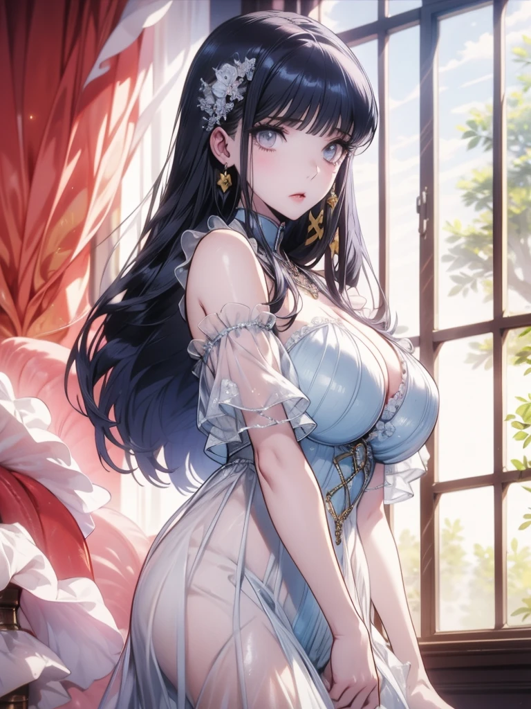 Figure style,A woman with big ,Young and intellectual princess,victorian style,clavicle,Prominent and smooth underboob,Lace nightdress,exquisite,transparent,Intricate details,Complex textures,,pubic,shed tears,Fear,
