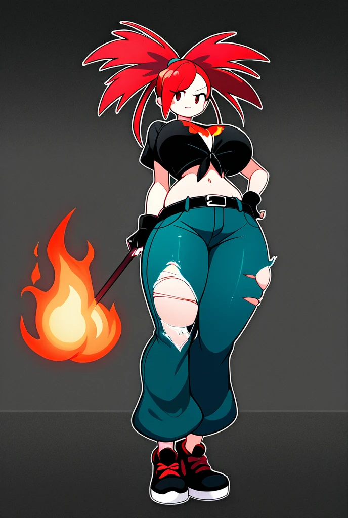 A sexy girl, beautiful action, big breast, dark red hair, cut her eye, pink eyelash, fire red, wears black top, short sleeves, shows navel, sexy curve, and a pair of denim pants, brown shoes. 