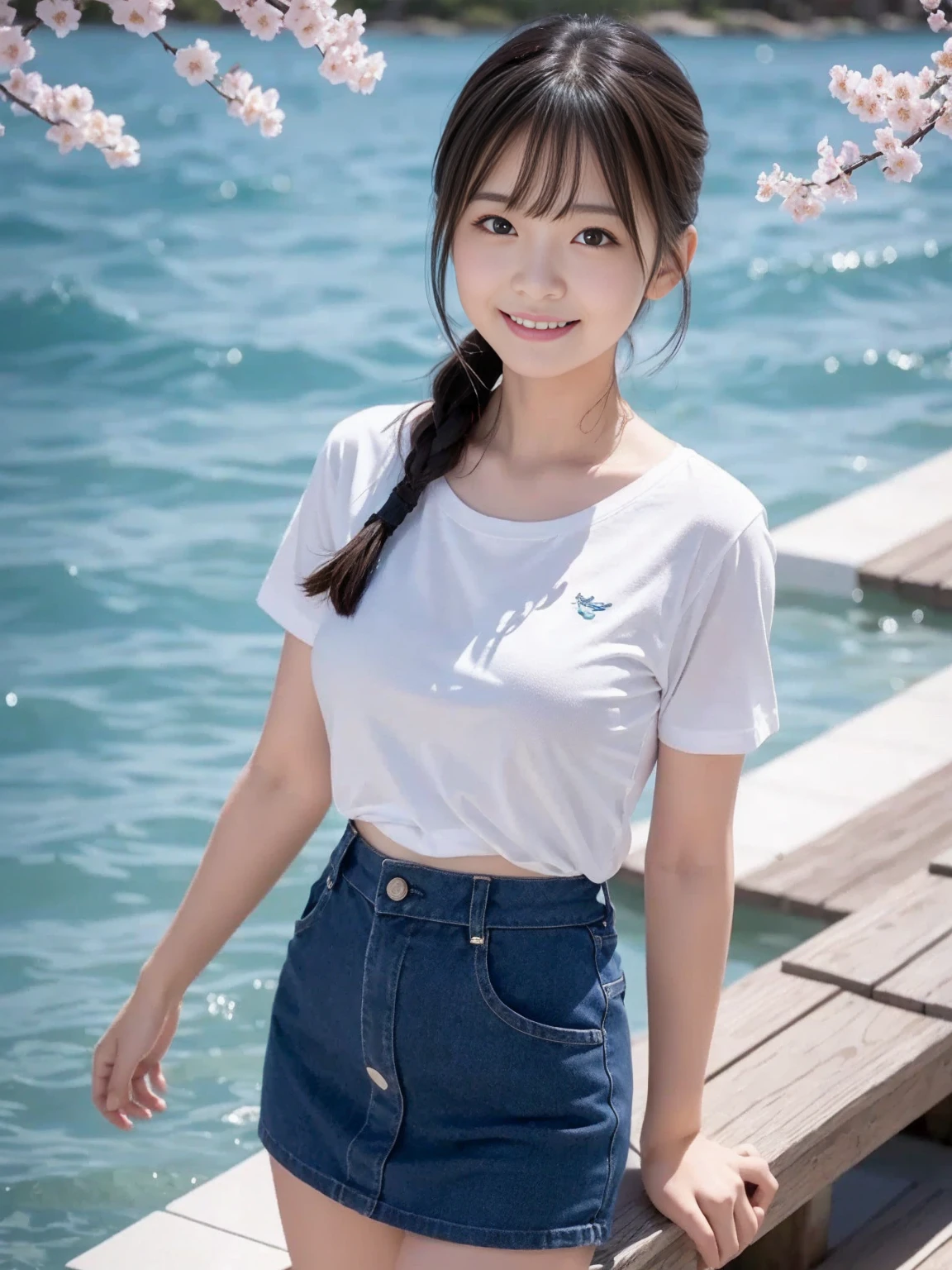 A girl (twenty years old, Japanese cute face) are wearing Tshirts, mini skirt at the beach bar