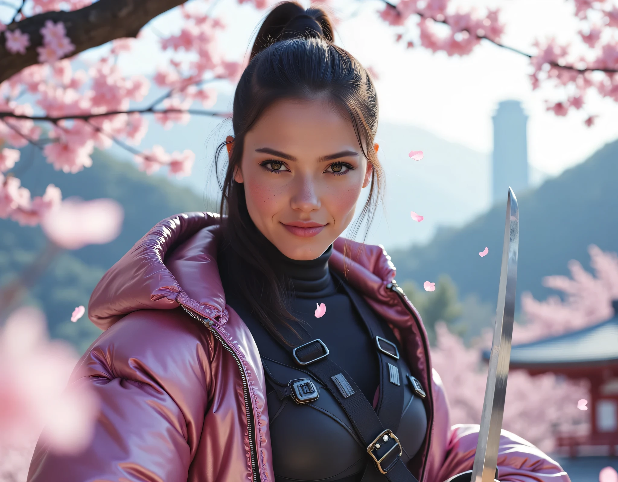 8k hyper-realistic full-body portrait, head-to-toe view: a slim female ninja, 'Freezing the Moment of Your Cherry Blossom Dream.' Full-bloom ((cherry blossoms cascade like snow)), stirred by a freshly cut branch at her feet. Sleek ponytail, soft ((freckles)), mesmerizing eyes, provocative smile to viewer. Combat-effective ninja attire & modern design: matte-black tactical bodysuit, subtle armor, metallic-pink puffer jacket (partially unzipped), sexy latex leggings, suggestive pose. ((Right hand grips visible katana)), readiness emphasized. ((Katana blade reflects light, sharp edge)). Left hand catches petal, dynamic contrast. Symmetry & balance, martial prowess. Cherry blossom tree arches overhead, depth. Photorealistic clarity: eyes, skin, clothing, katana details. Cinematic lighting, shadows & highlights, first rays of morning sun. Background view: blur of a Japanese Temple hooked on a foggy valley between mountains in spring morning light. Holographic cherry blossoms bloom beneath skyscrapers, expressing the romance of future cities.