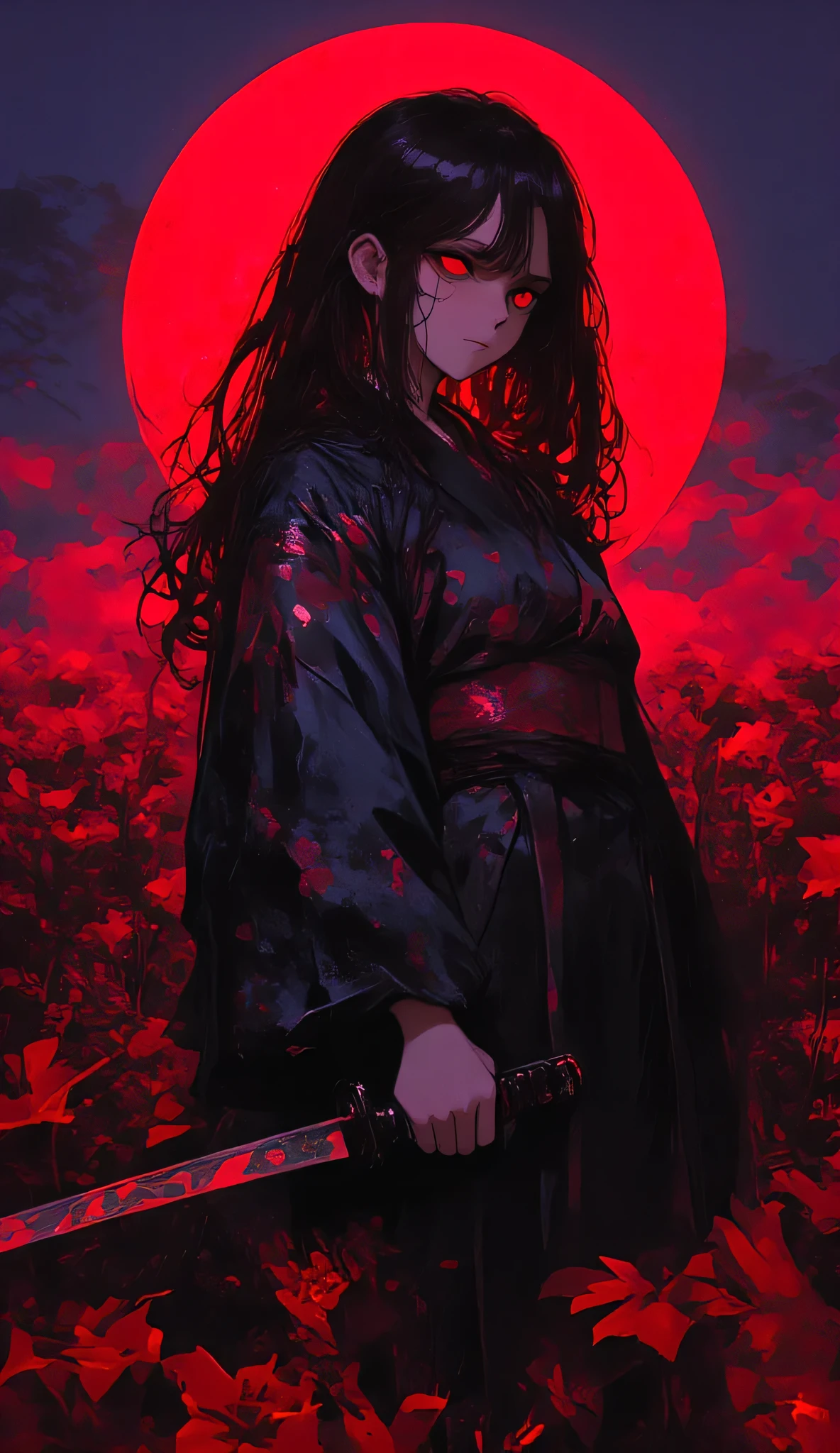 dramatic scene, 1girl, solo, katana, yukata, blood moon, red spider lily, ultra-detailed, masterpiece, professional, photorealistic, hyperrealistic, 8k, dslr, natural lighting, vibrant colors, highly saturated, cinematic, dark fantasy, horror, moody, atmospheric, close up, blood,rain blood,(sword katana), monster Hands,
