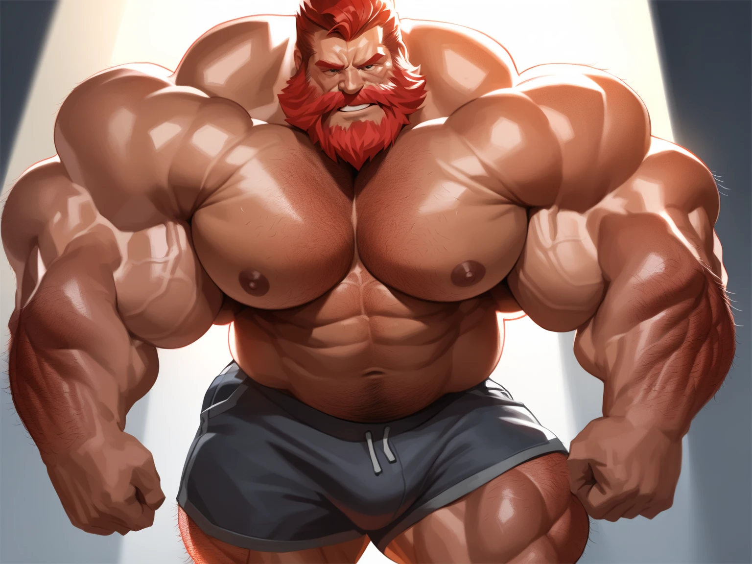 a muscular old man with a beard, no mustache, shirtless, topless, pants, red hair, massive muscular, thick arms, smile, pectoral, standing in office, (best quality,4k,8k,highres,masterpiece:1.2),ultra-detailed,,detailed wrinkles,detailed facial features,detailed texture, half body, halfbody