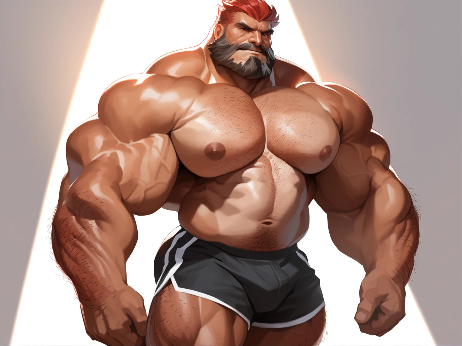 burly virile hairy elf, in a suit of armor, a himbo muscle daddy, middle-aged dilf, hirsute, overmuscular and musclebound, bulging veiny muscles, a warrior's build, a bodybuilder's physique, long bushy and a thick mustache, a square jaw, handsome and dreamy, rugged and manly, grey hair, a gladiator in the arena