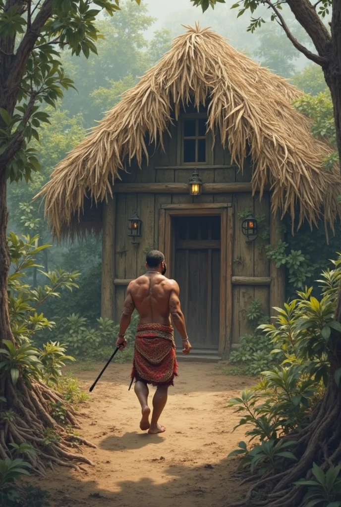 Man in jungle in front of house