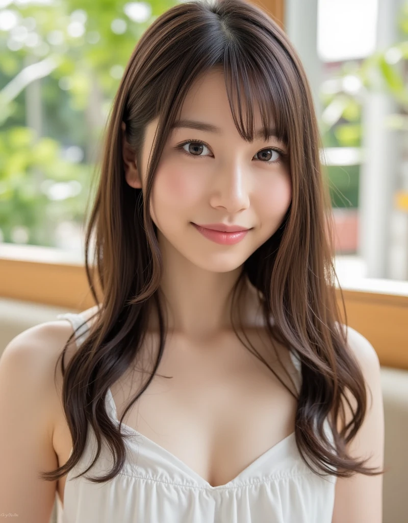 masterpiece,best quality,(Japanese ),((Beautiful girl)),cleavage,indoor,(perfect body beauty:1.2),(shy smile),beautiful teeth,