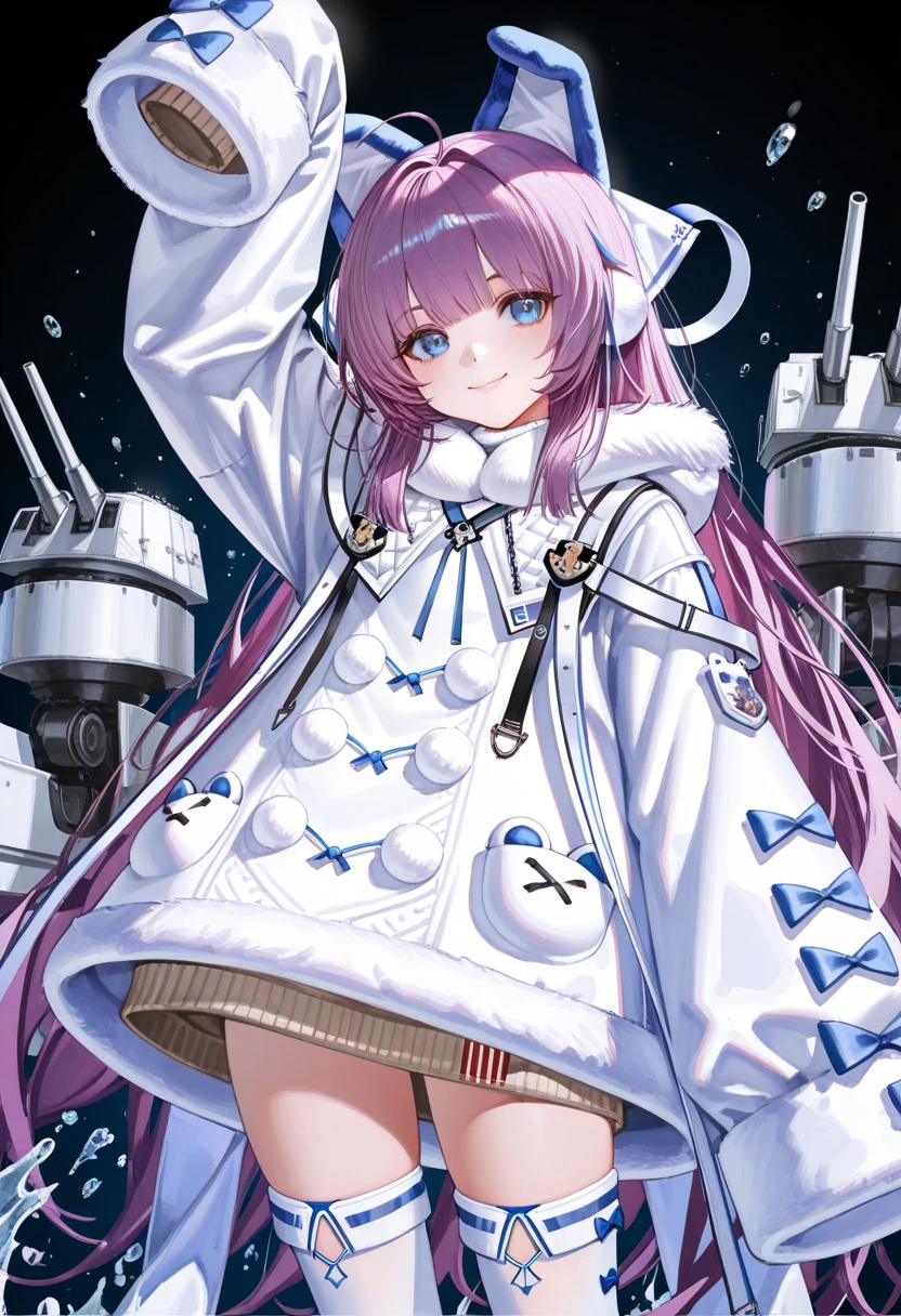 1girl, tashkent \(azur lane\), azur lane,
reoen, liduke, eboda-x, yuyumu, (ningen mame:0.907), ciloranko, noyu \( noyu23386566 \), morikura en,
cowboy shot, animal ears, blue eyes, brown sweater, coat, coat dress, fake animal ears, fur-trimmed coat, fur-trimmed sleeves, fur trim, long hair, long sleeves, looking at viewer, purple hair, rigging, sleeves past fingers, sleeves past wrists, solo, sweater, thighhighs, very long hair, very long sleeves, white coat, white thighhighs, winter clothes, zettai ryouiki
very aesthetic, high definition, smile, ponytail, sleeveless sweater, closed mouth, sleeveless, arm up, amazing quality of life \(arknights\),
A young girl with long purple hair and blue eyes. she is wearing a white dress with black polka dots and has a pair of cat ears on her head. the girl is standing in front of a dark background with splashes of pink, blue, and green. there are also several other objects scattered around her, including a large robot-like figure on the left side of the image. the overall style of the illustration is anime-inspired.
masterpiece, best quality, very aesthetic, highres, absurdres, sensitive