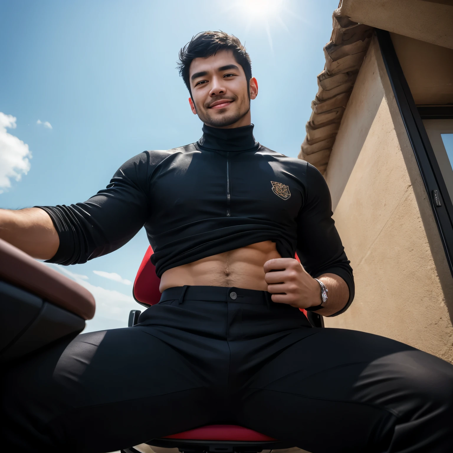 40 years old,One Man,Asian Faces、Black pants,Pool、Sit on a rubber boat with your legs wide apart、muscle、chest hair、pubic hair、Solid system、Sweat、Gay ,Very very short slicked back hair、Stubble,Handsome、The crotch area is bulging。The crotch area is bulging、pubic hair、smile、Brown Hair、Black sunglasses