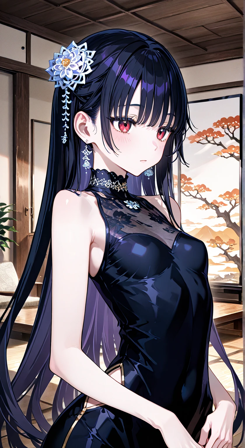 inside a room,Colorful flow,The lighting is dim,It is a seductive purple red。The woman wore a black one-piece hip skirt,White skin and beautiful appearance,Apricot eye pink cheeks,Slim waist and long legs,Crisp breasts and beautiful shoulders,He has curly black hair and is black and smooth,Reflecting the glamorous light。I saw her gaze wandering、The voice is soft,Fragrance blended with supple bouquet notes and enchanting perfumes,The atmosphere in the room was extremely ambiguous for a while。