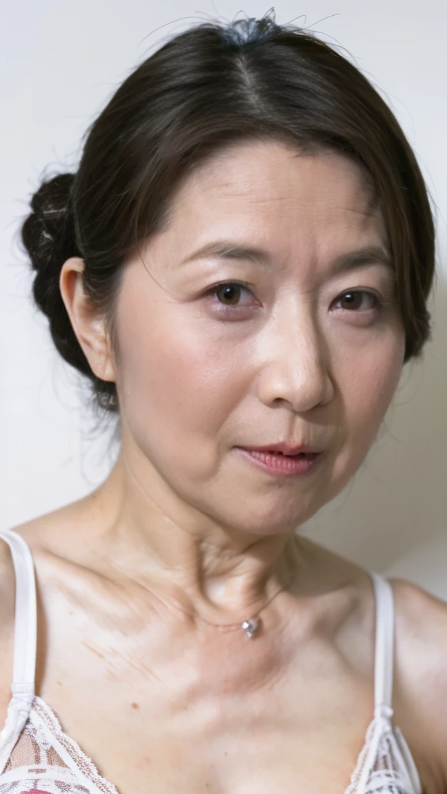 (((alone))), elderly mature woman, pure white background, gravure, facing the front, ((center your face on the screen)), describe the lips correctly,red lips, flashy makeup, from the chest up, table top, highest quality, Super detailed, realistic, Super detailed細なスキン, perfect anatomy, (1 Japanese mature woman), (positive), 95 years old, huge breasts, mature politician, Glamour, Sexy, pure white skin, looking at the viewer,