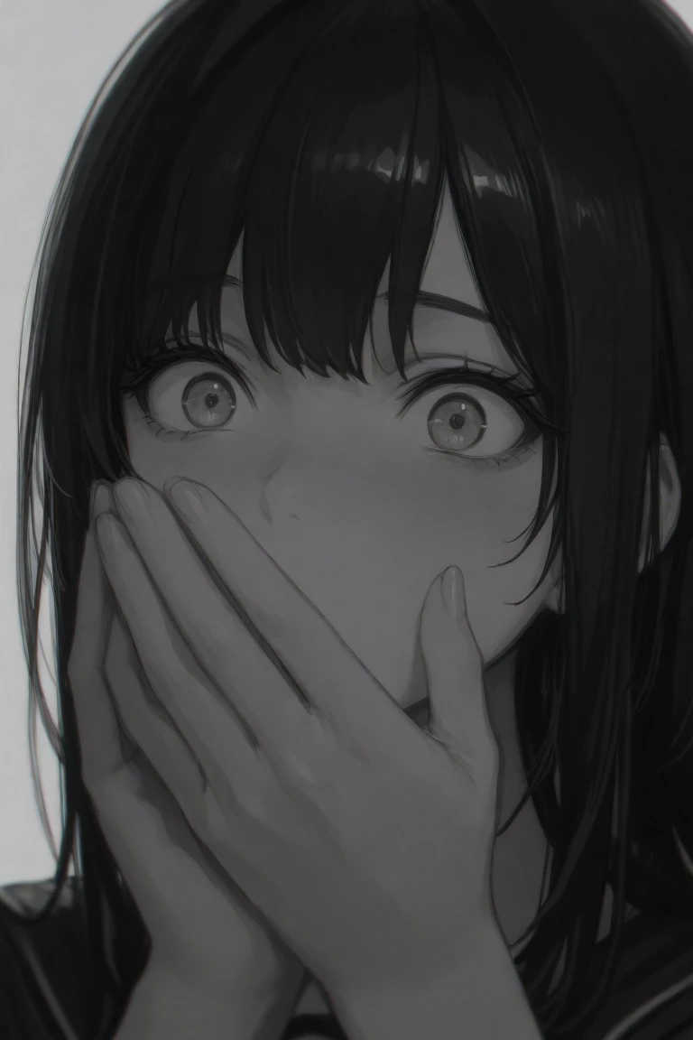 masterpiece, best quality, 1girl, momose_(oqo) official art, misaki kurehito official art, grayscale, manga style, japanese, chi no wadachi, black eyes, glowing white pupils, street, iced, black hair, schoolbag, smile, crying, tears, tears streaming, blood, blood_from_mouth, bruise, nosebleed, lineart, face against the ground, looking at viewer, blood on face, black coat, black scarf, 35 years old, mature_female:1, tall, fair skinned, bokeh background, streaming, bob cut, light particles, centered, snowing, emotional anime scene, (very aesthetic, best quality, ultra detailed), intricate details, red and blue lights flashing, camera glare, finger_gun, pointing at viewer
