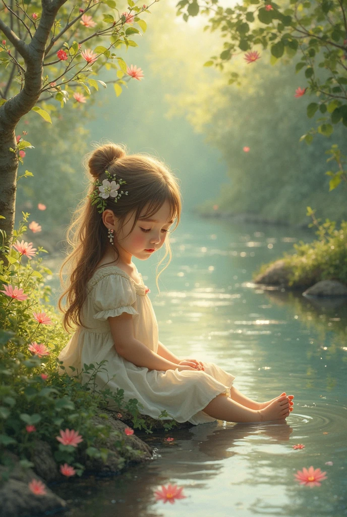 A girl with dark hair with white flowers in her hair, on a lake with green hues and sunlight filtering through the trees from behind, with flashes of light on the face, crouching, hugging their body