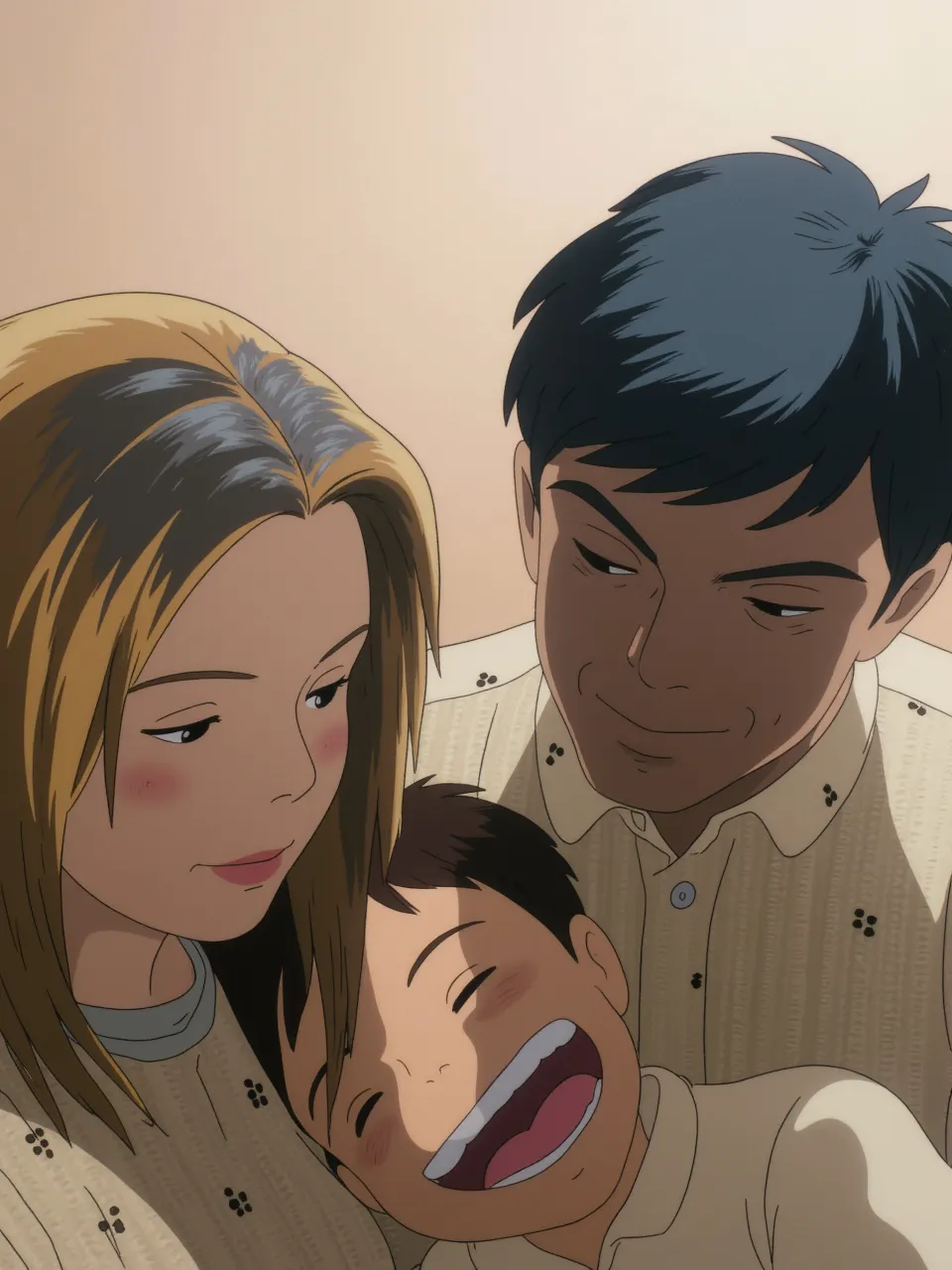 anime image of a woman and a man laying on a bed, manhwa, high quality fanart, realistic!!, husband wife and son, soft anime illustration, by Yanagawa Nobusada, detailed fanart, official fanart, by Naka Bokunen, kentaro miura manga art style,  family, sui ishida art manga, realistic picture, fan art