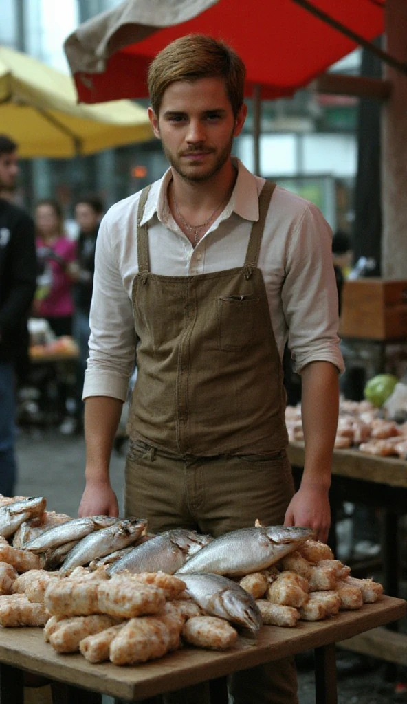 Masterpiece, Highest Quality, Ultra-Detailed, Hyper-Real, Rupert Grint, perfect face, FOTO FRONTAL, cinematic lighthing, full body, Fish market shopping