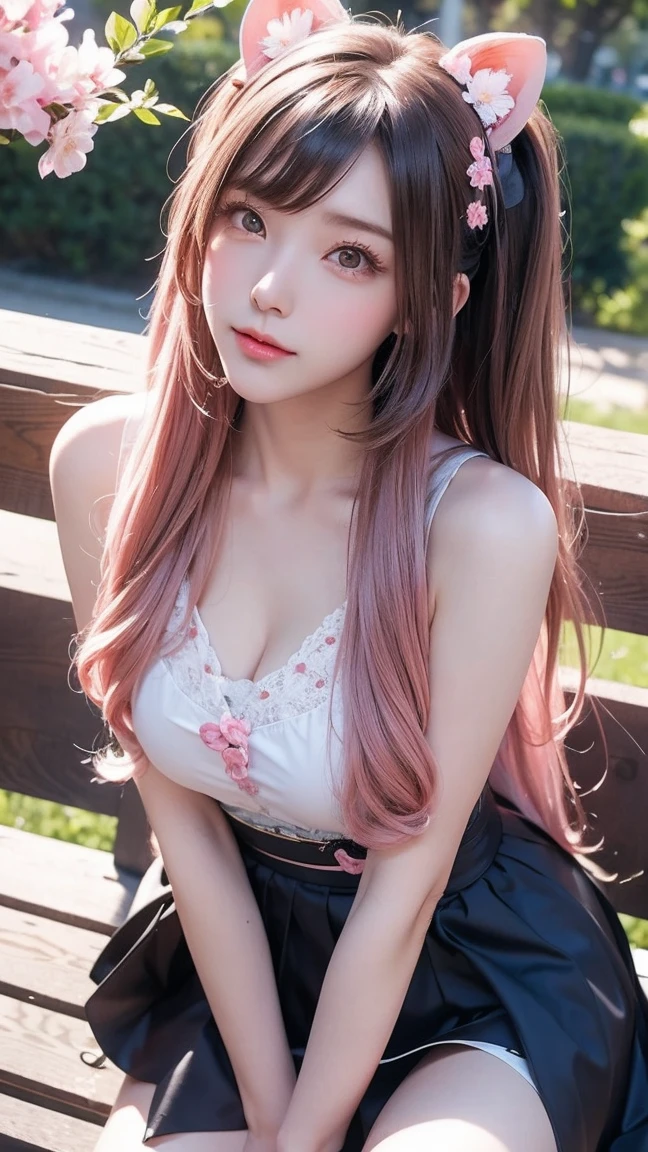 sexy big breasts、15 year old beautiful girl sexy cute looks and cute, beautiful and sexy face、The strong wind blows the hair in front of my face、Beautiful long pink hair ponytail with beautiful cute and sexy eyes hidden by her long bangs、cute ribbon、cleavage、