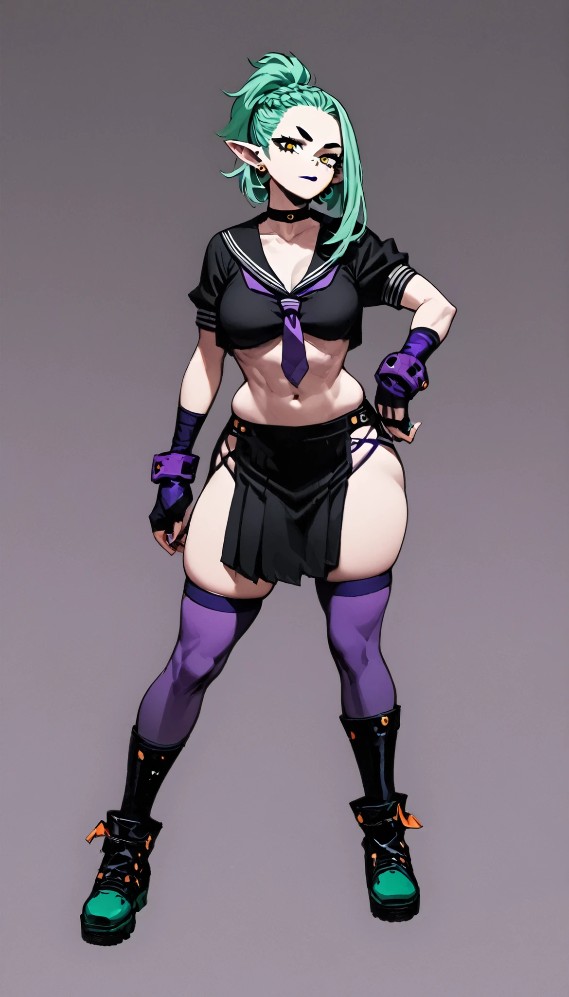(My Hero Academia Style), (High Quality), (1girl), (solo), (female), amity blight, pointy ears, yellow eyes, ((perfect face)), (((perfect hands))), (((perfect anatomy))), (Thigh Gap), (Knee gap), (ankle Gap), ((Full Body Photo:1.5)), ((looking at viewer)), ((skindentation)), (Standing), (((medium Breasts))), ((thick and Toned Thighs)), ((thick and wide claves)), ((Wide and Toned hips)), ((slim and toned waist)), ((forehead piercings)), ((chin piercing)), ((Green Mint Medium straight hair)), (((hair pulled Back)), ((sidecut and undercut hairstyle)), ((blunt Ends hairstyle)), ((inverted Bob hairstyle)), ((Hair behind ears)), ((Loose Hair strand)), ((Bangs Pinned Back)), (((french braid high ponytail hairstyle))), ((Gradient green mint Symmetrical hair)), ((Small Pointy ears)), ((Yellow Eyes)), ((pale skin)), ((thick and Brown V-shaped eyebrows)), ((Black Serafuku school uniform)), ((Black Very Long lowleg pleated skirt with double side slit)), ((Black and Loose croppet shirt With Three-quarter Sleeves and Sailor Collar)), ((Purple necktie)), ((hip vent)), ((Purple thighhighs)), (((Purple Loose High shin Strap combat feetwear boots))), (((Purple fingerless handwear gloves))), ((Underboob Cleavage Cutout)), ((midriff)), ((Exposed navel)), ((pierced Navel)), ((pierced ears)), ((stud earrings)), ((Black nail polish)), (((long eyelashes))), ((purple eyeshadow)), ((black eyeliner)), (((simple gray background))), ((Black arm wraps)), ((gluteal fold)),