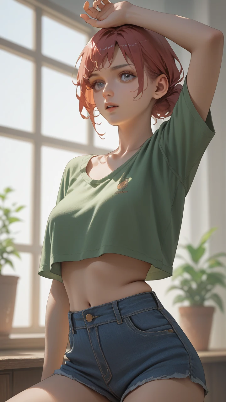 1gay boy, 12-year-old, medium red hair, green eyes, pretty face, freckles, wearing shorts and cropped shirt, tiny, little, athletic, slim waist, beautiful views in private space at home, erection under clothes, buble butt, Height about 140 cm