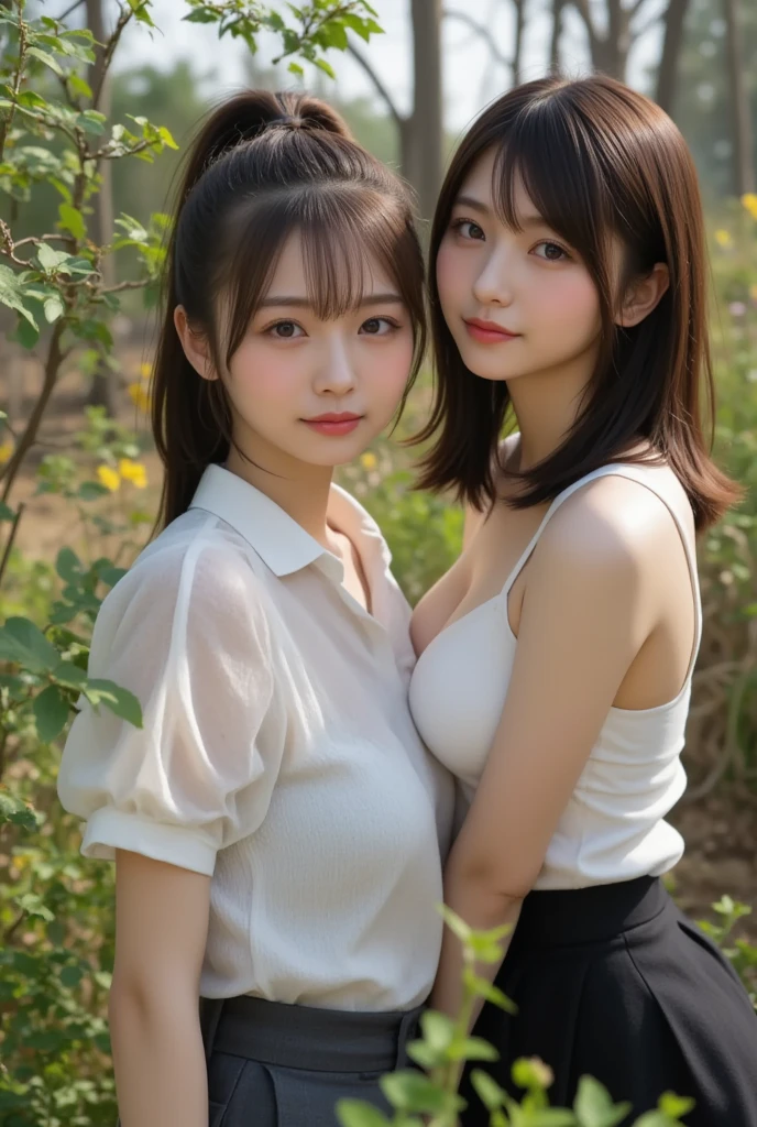 Two girls in a rural field,Cumulonimbus clouds floating in the summer blue sky,White Sailor Shirt,White bikini bottoms with navy blue ruffles on top,18-year-old,bangs,A small smile,Thighs,knees,Short hair tied low,From the side,Front light