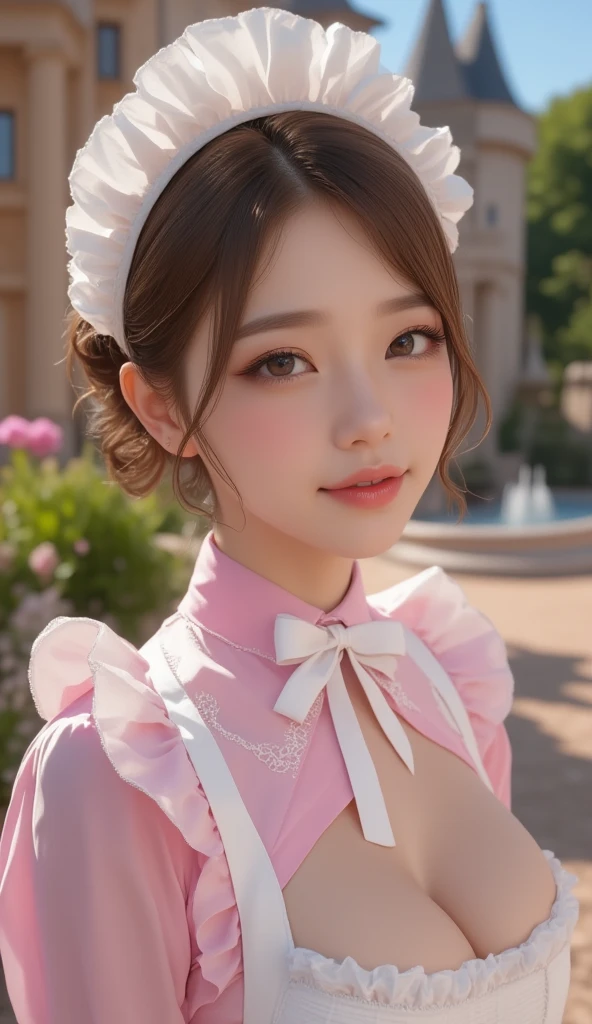 One girl, (((Pink Maid))),Highest Quality, in 8K,Large exposed bust、 masutepiece:1.3, Black hair, Ultra-detailed face, Detailed eyes, Big Bust, Double eyelids, Best Smile,
,b3rli, Western Cafe