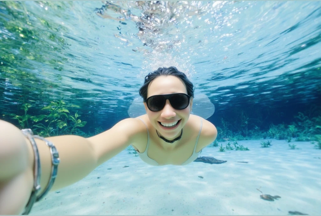 de 18 anos, happy and smiling, in a white bikini underneath, cold, Underwater, water in a pool, She extends her hand and shows her index finger, calling the camera, ela solta blisters de ar pela boca, muitas blisters na água, blisters, blisters de ar, blisters de ar saem da boca dela