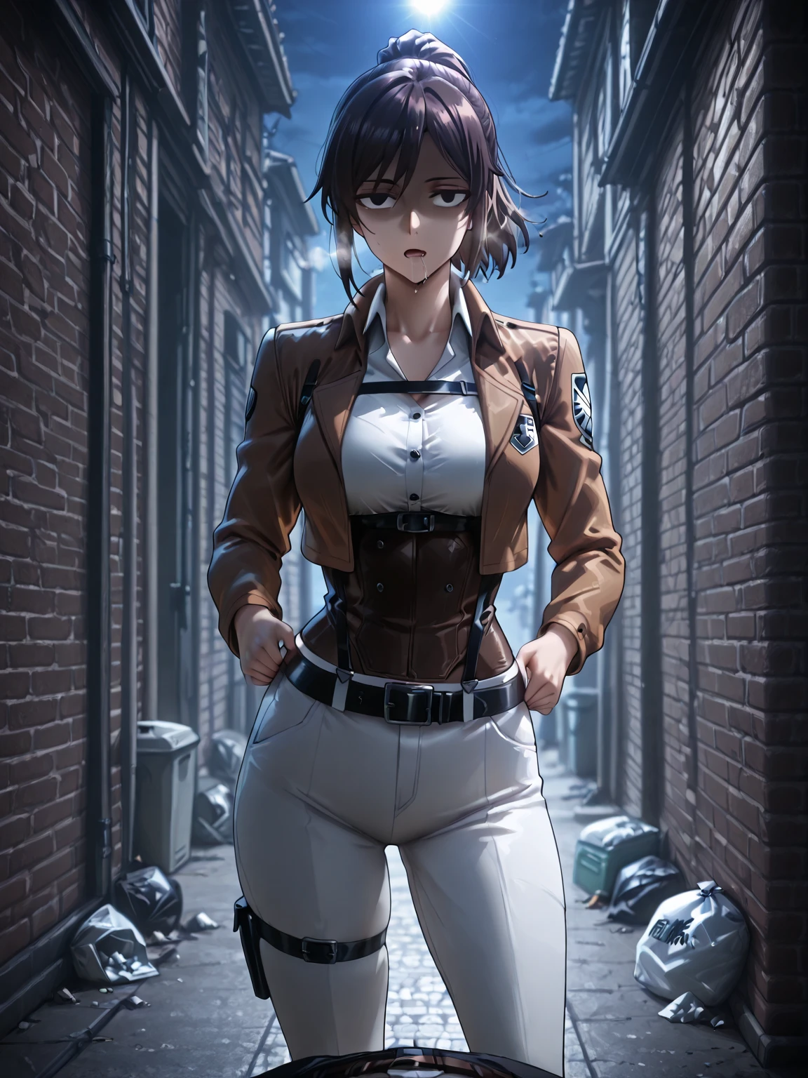 , masterpiece, highest quality, Super detailed, ray tracing, hdR, Depth of the bounds written, (perfect face, detailed face, fine eyes), 8K, hd, highest quality, Super detailed, shining eyes, Fair skin,
upright, medium breasts, beautiful medium breasts, wide hips, tight waist, pink lips, long eyelashes, brown ponytail hair, strong color, in a medieval town, adult body, adult face, Hange AOT, Hange AOT, pants, black pants, black suit, Day, heaven_army_uniform, null, cloud, outdoor, uniform, symbol, training_corps_\(symbol\), belt, glasses, ((black patch on left eye)),boots, thigh_strap, Three dimensions_maneuver_Equipment, investigation_corps_\(symbol\), ((tight clothes)), shining brown eyes, tired eyes, Brown Hair, greek nose, Harness, alone, 1 girl, masterpiece, highest quality, High resolution, Harness, ((masterpiece)), highest quality, Fair skin, notably long eyelashes, cute face, perfect face, high quality face, mature face,((realistic)),cameltoe,nsfw,)nude), seductive smile, ((standing with spread legs))((perfect face)) ((highly detailed face))