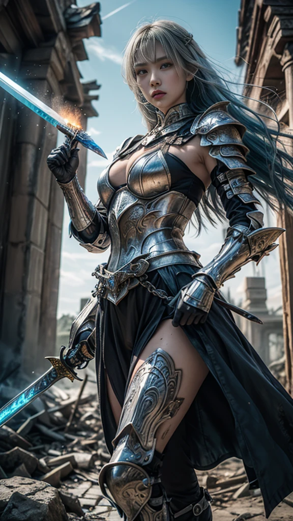 a close up of a female Knight with a sword and a panther tattoo on her arm, very beautiful cyberpunk Knight, a beautiful woman warrior, she is holding a long sword, beautiful female knight, beautiful character painting, chinese knight, knight girl, holding a long sword on her shoulder, japanese knight, female knight, ornate korean polearm behind her, cyberpunk knighthood 