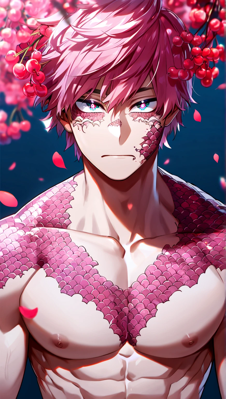 absurdres, highres, ultra detailed, HDR, master piece, best quality, extremely detailed face, Ryoumen Sukuna, pink hair, expressive red eyes, Jujutsu Kaisen, solo, sexy man, handsome, handsome smile, bare chest, toned chest, without shirt, fantasy, magical, butterflies, summer, green leaves, flowers, water