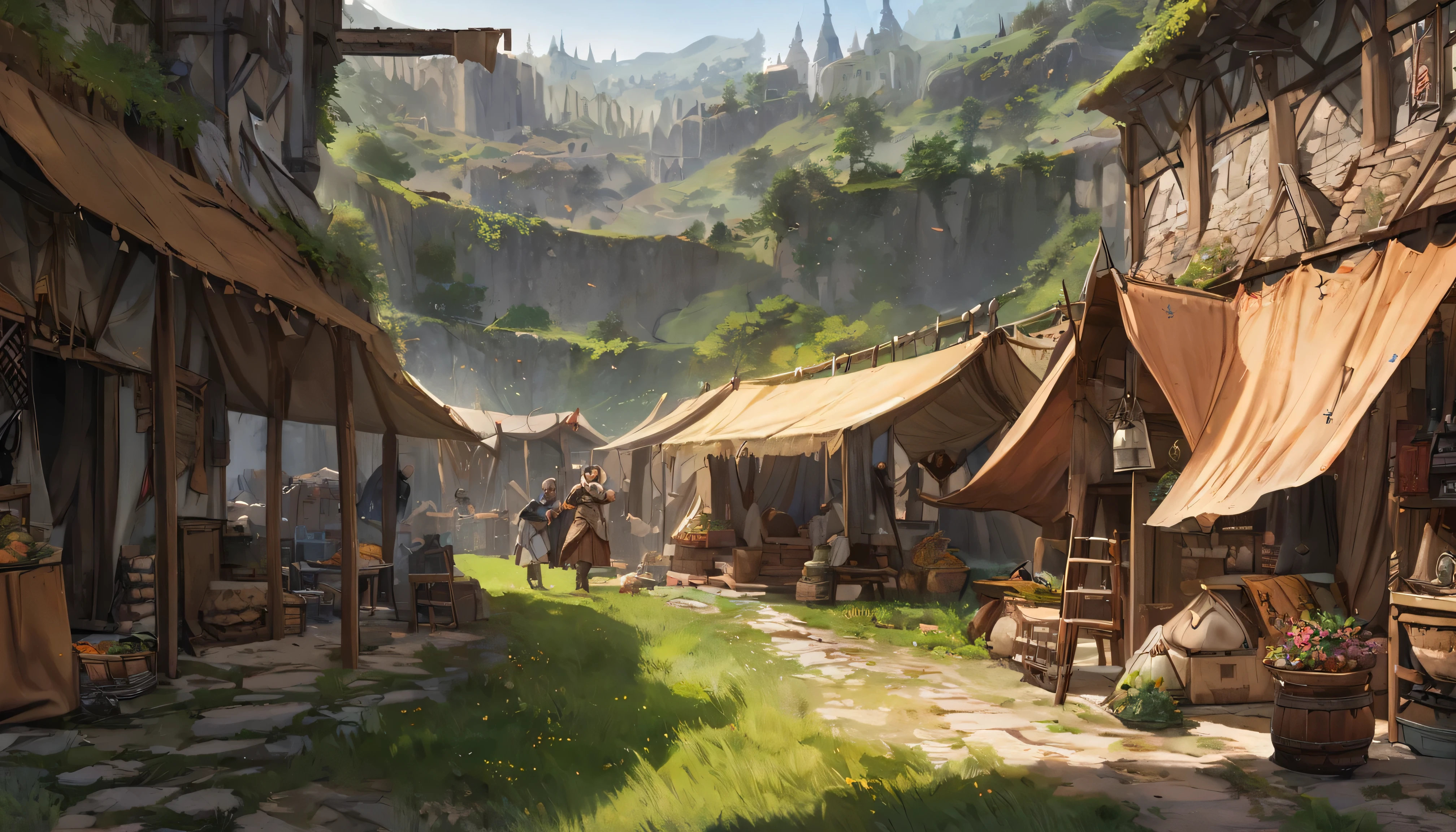 (anime: 1 . 5 , fantasy: 1 . 5), detailed CG unity 8k wallpaper, best quality, photorealistic, masterpiece:1.2, (merchant tent, traditional, medieval, rustic, grassy landscape), From Brian Froud and Carne Griffiths and Wadim Kashin and John William Waterhouse, fantasy, concept art, 8K post-production, high resolution, hyperdetailed, ultra sharp focus, HDR, intricate