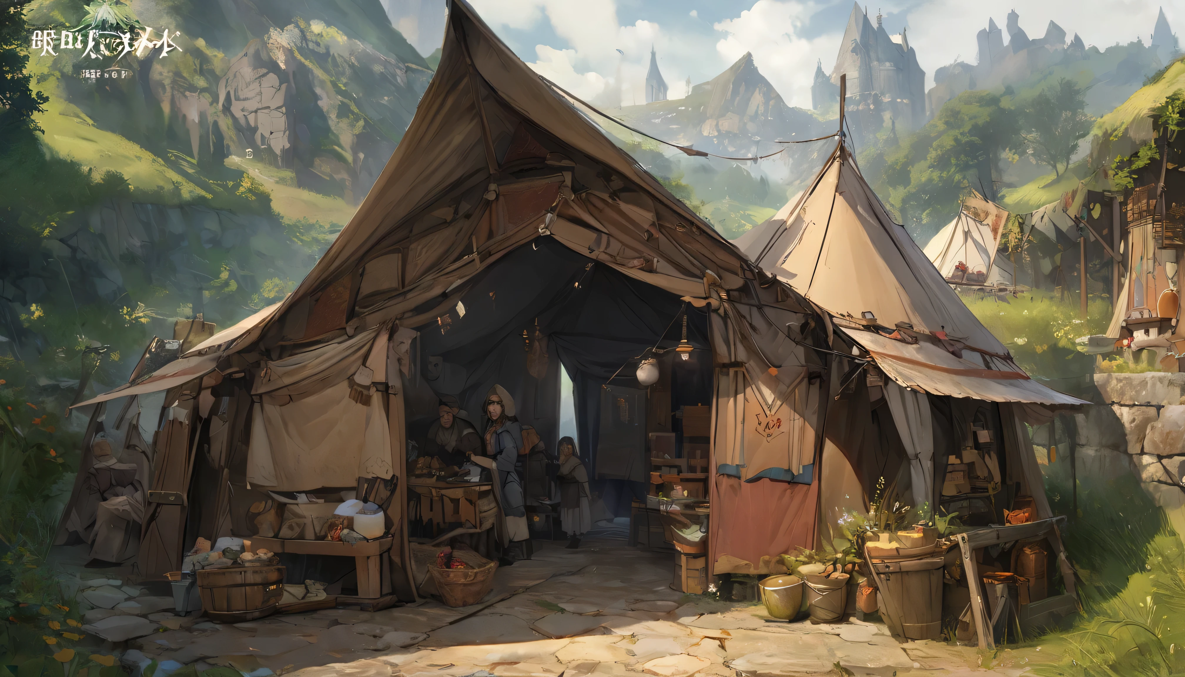 (anime: 1 . 5 , fantasy: 1 . 5), detailed CG unity 8k wallpaper, best quality, photorealistic, masterpiece:1.2, (merchant tent, traditional, medieval, rustic, grassy landscape), From Brian Froud and Carne Griffiths and Wadim Kashin and John William Waterhouse, fantasy, concept art, 8K post-production, high resolution, hyperdetailed, depth of field, HDR, intricate