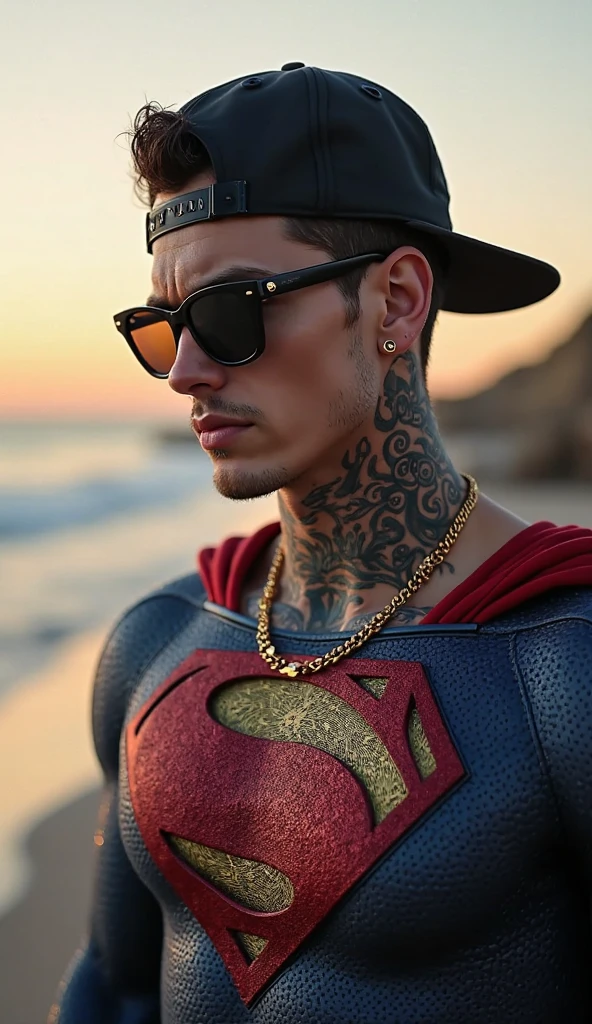Tattooed man with Batman mask,with gold chain, Rolex, , rollet him on top of a red Lamborghini, with a small roulette on top of the car, em uma praia